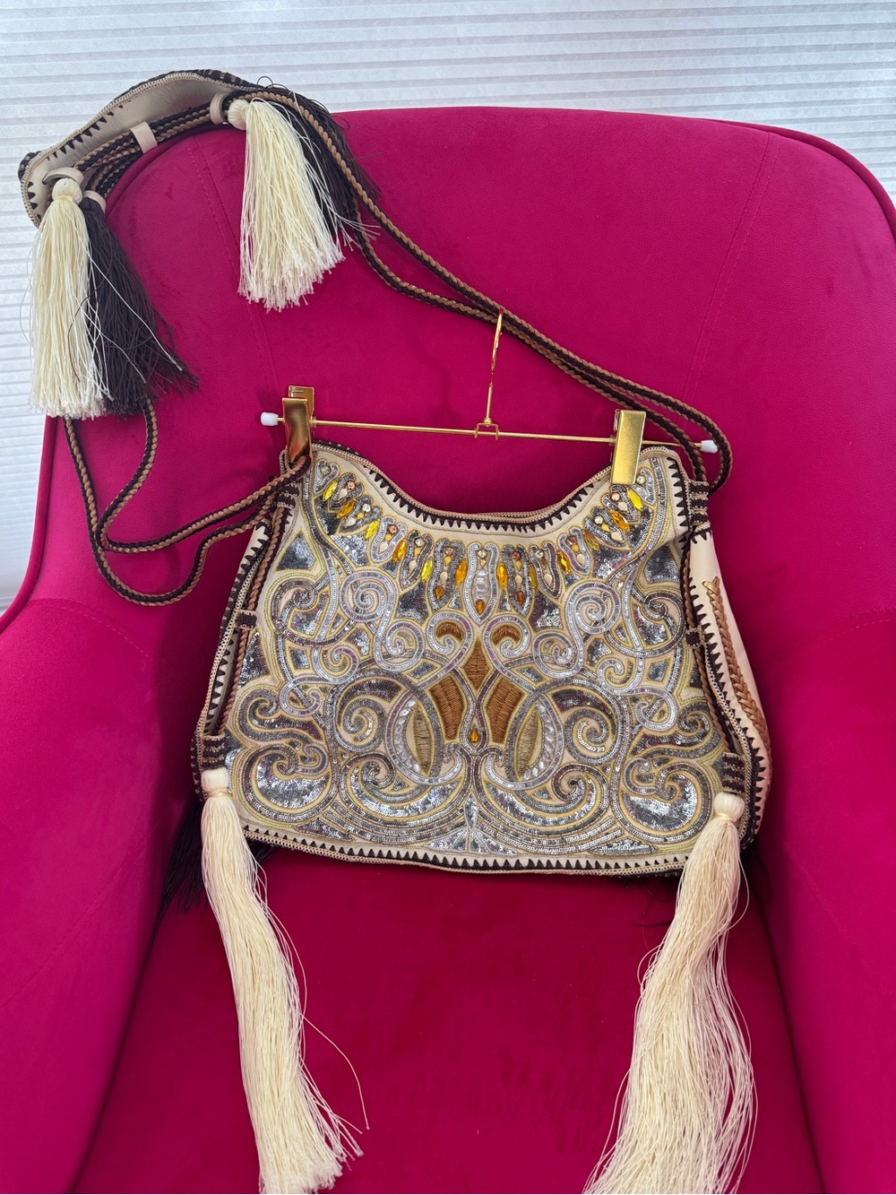 Vintage Buba of London Leather Embellished Ivory & Gold Beaded Shoulder Bag